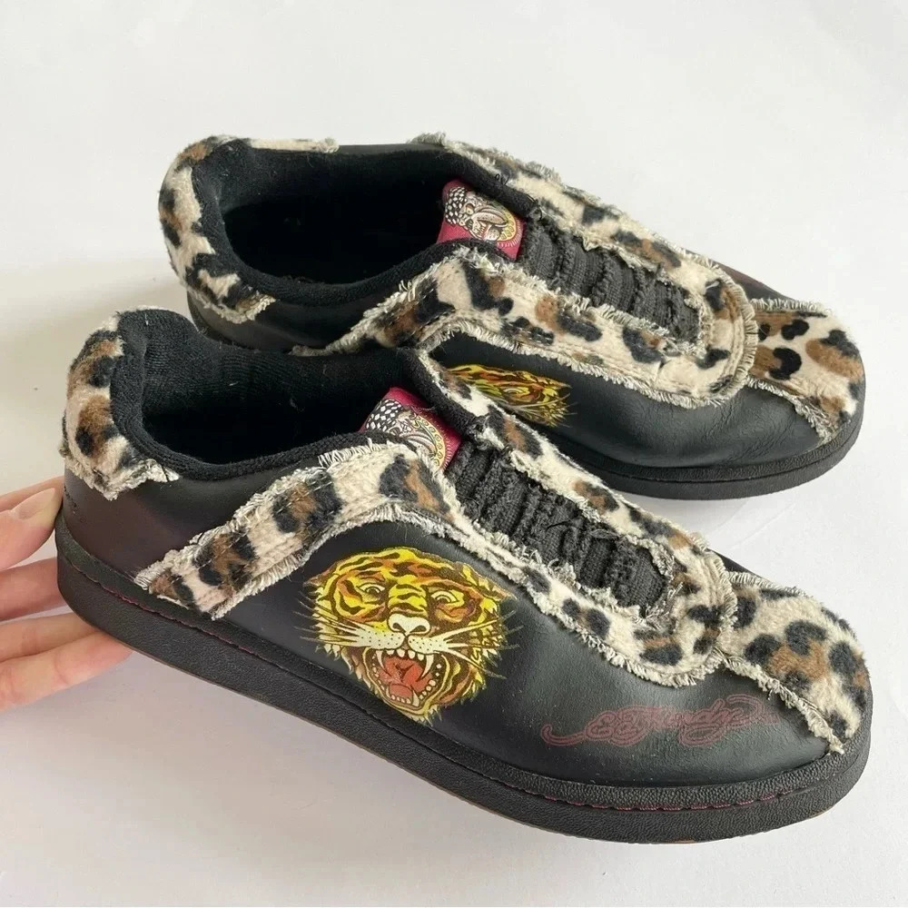 Ed Hardy Black and Leopard Print Sneakers